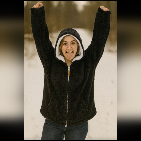 Cozy Black Sherpa Hoodie - NWOT, Size Large - Picture 2 of 4